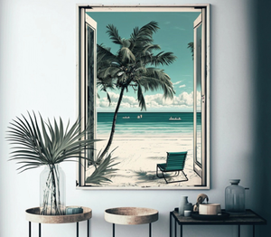 Room of travel poster with palm tree on the beach natural