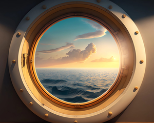 Photorealistic round window on ship hyperrealistic view