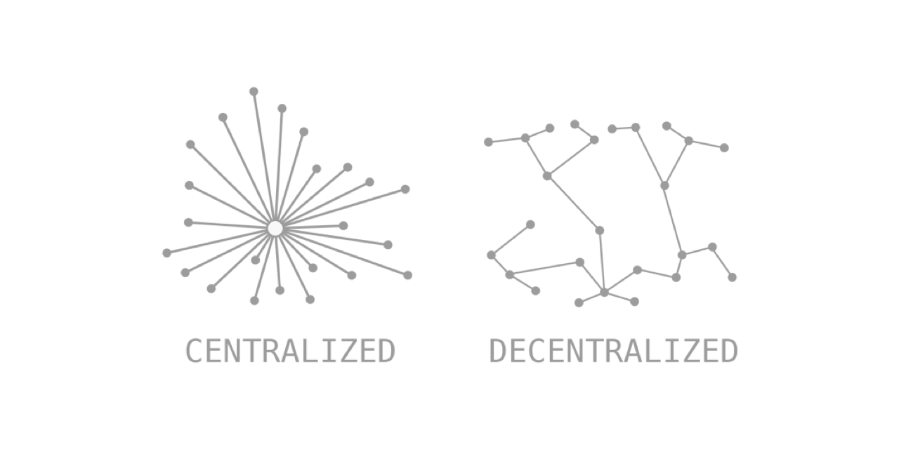 Schema that shows difference between centralized and decentralized systems