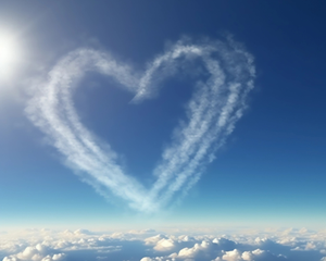 Airplane chemtrails in heart shape bright heaven realistic