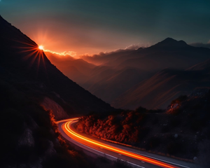 Photorealistic road in mountains long-time exposure hyper